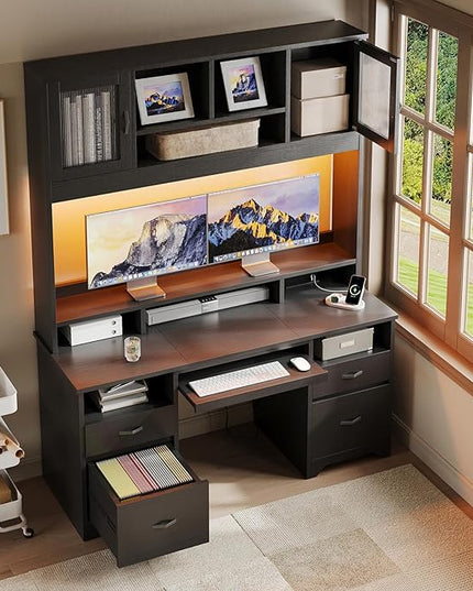 Bestier 77.8" H Executive Desk with Hutch, Modern Wood Computer Desk with Drawers, Charging Station, LED Light, Fluted Storage Cabinet, Keyboard Tray, 59" W Office Desk for Home Office, Black