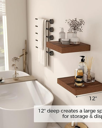 Fun Memories 12 Inch Floating Shelf, Rustic Wood Wall Shelves for Wall Decor & Storage, 12 x 12 Floating Shelf for Living Room, Bathroom, Bedroom, Walnut, Set of 2