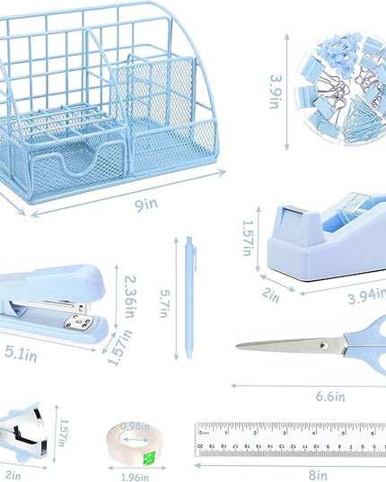 Blue Office Desk Accessories Supplies, 10pcs Desk Organizers and Accessories with Tape Dispenser and Stapler,Staples,Scissor,Ruler,Sticky Tabs,Tape,Ballpoint Pen,Clips Set
