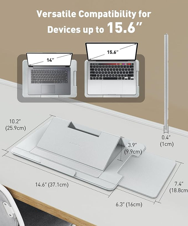 AboveTEK Adjustable Laptop Lap Desk, 3 Ergonomic Angles, PU Leather Non-Slip Surface, Heat Shield, Retractable Mouse Pad, Portable Laptop Lap pad for Bed, Sofa, Travel (Light Gray)