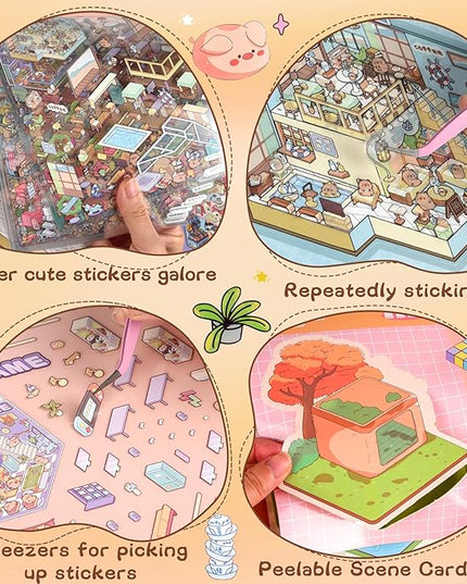 ASTARON 20 Sets DIY 3D Sticker Scene Book Sticker Therapy for Adults, Make Your Own Mini Cozy Shop House Room Stickers Cute Cartoon Miniature Stickers Relief Stress Pass The Time