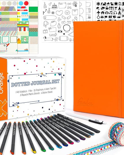 feela Dotted Journal Kit, Dot Grid Journal Hardcover Planner Notebook Set For Beginners Women Girls Note Taking with Journaling Supplies Stencils Stickers Pens Accessories, A5, 224 Pages, Orange