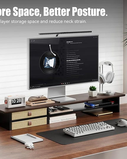 Dual‑Tier Monitor Stand Riser with Drawers, Desktop Organizer Shelf Storage for Computer Screen 2 Monitors, Supports for PC Computer Monitor, Printer, Heavy TV Riser Brown and Black