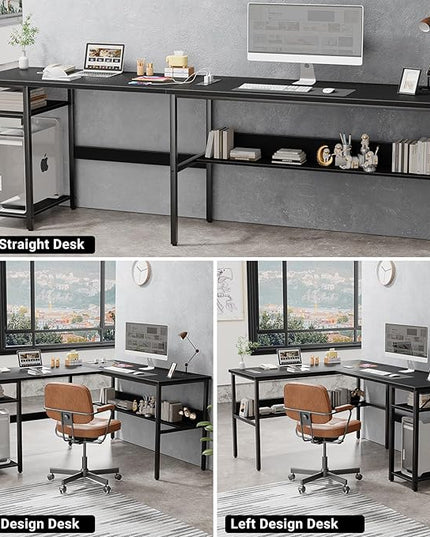 Unikito Reversible L Shaped Desk with Magic Power Outlets and USB Charging Ports, Sturdy Corner Computer Desk with Storage Shelves, Gaming Table Home Office Desk, Easy to Assemble, Black
