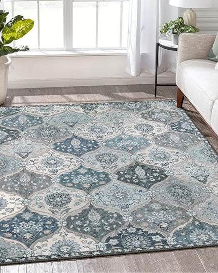 Lahome Moroccan Machine Washable Area Rugs, 4x6 Rug for Living Room Bedroom, Soft Non-Slip Rug Vintage Trellis Ultra-Thin Throw Carpet for Dining Room Office, Blue