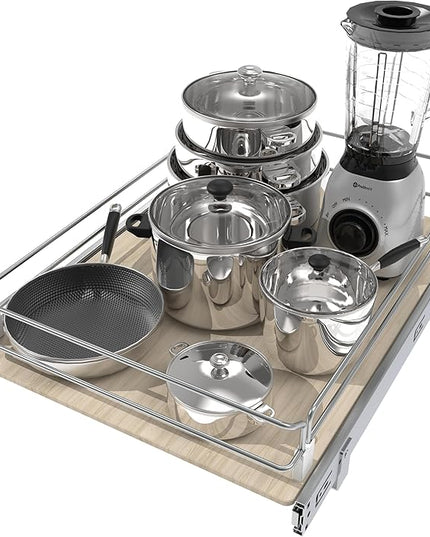 Pull Out Cabinet Organizer 18" W X 22" D, Slide Out Drawers For Kitchen Organizers and Storage, Pull Out Drawers For Cabinets Capacity Heavy Duty Caddy, Cabinet Shelves Wood Chrome, Pantry Storage