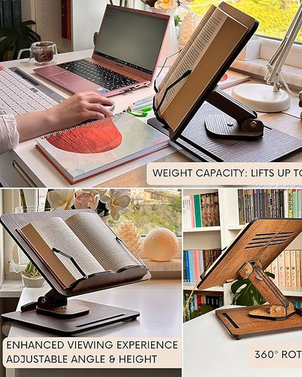 Vigo Wood Book Stand for Reading 360° Adjustable, Wooden Laptop Stand, Cookbooks Holder, Music Scores, Featuring Multi-Height Angles and Foldable Design with Page Clips.