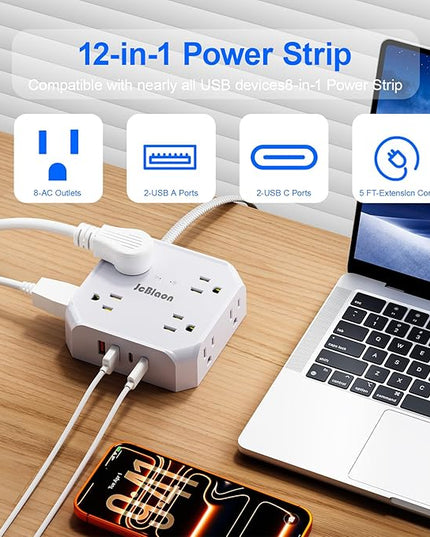 Surge Protector Power Strip, 8 Outlets with 4 USB Ports(2 USB C), 4-Sided 1050J Outlet Extender with 5FT Flat Extension Cord for Travel, Home, School, College Dorm Room Essentials