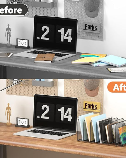 Piskyet Vertical File Organizer, 7-Section Vertical File Folder Holder Stand,Metal Mail Paper Chromebook Organizer for Teacher Desk Office Classroom Desktop Organization