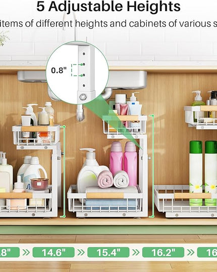 Kitstorack Under Sink Organizer, 2 Packs 2 Tier Under Sink Organizers and Storage, Slide out Pull out Cabinet Organizer Shelf, Metal Sliding Drawer for Kitchen Bathroom Pantry Closet Rack(White)