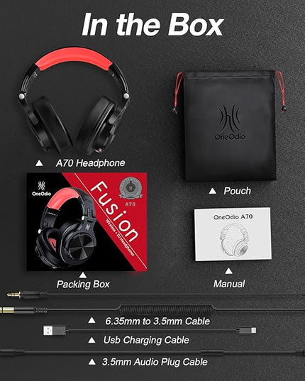 OneOdio A70 Bluetooth Over Ear Headphones, Wireless Headphones w/ 72H Playtime, Hi-Res, 3.5mm/6.35mm Wired Audio Jack for Studio Monitor & Mixing DJ Guitar AMP, Computer Laptop PC Tablet - Red