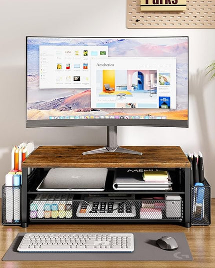 OPNICE Wood Desk Organizers and Accessories, 2-Tier Computer Monitor Stand Riser with Drawer and 2 Pen Holders, Laptop Stand, Office Desk Accessories for Office Supplies, Brown