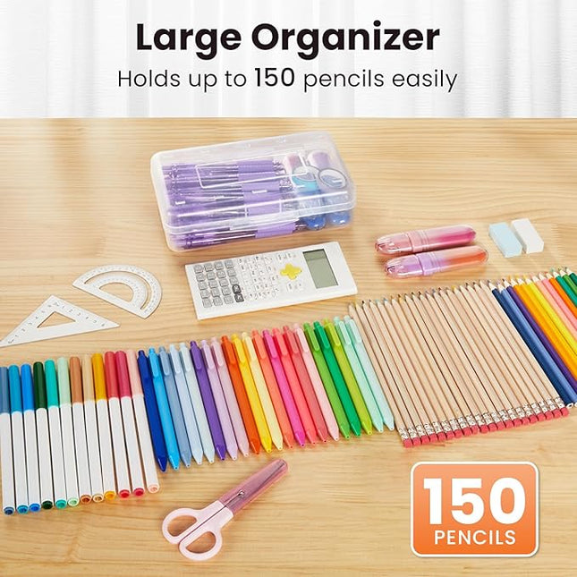 Sooez Plastic Pencil Case Box 6 Pack, Large Craft Storage Boxes Bulk, Plastic Containers with Snap-tight Lids, Hobby Art School Supply 0rganizer, Marker Bead Pen Bins Organizer,Stackable, Multicolor