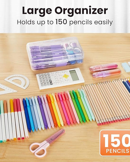 Sooez 6 Pack Pencil Box, Hard Pencil Boxes for School Supplies Bulk, Large Plastic Pencil Case with Lid, Clear Pencil Container, Stackable School Crayon Boxes Bulk for Kids