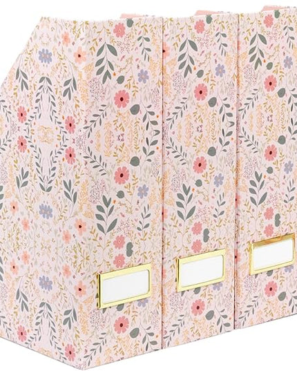 BLU MONACO Foldable Magazine File Set of 4 with Floral Boho Design – Decorative Cardboard Magazine Organizer for Home, Office & Dorm Room – Artistic Magazine Storage Solution