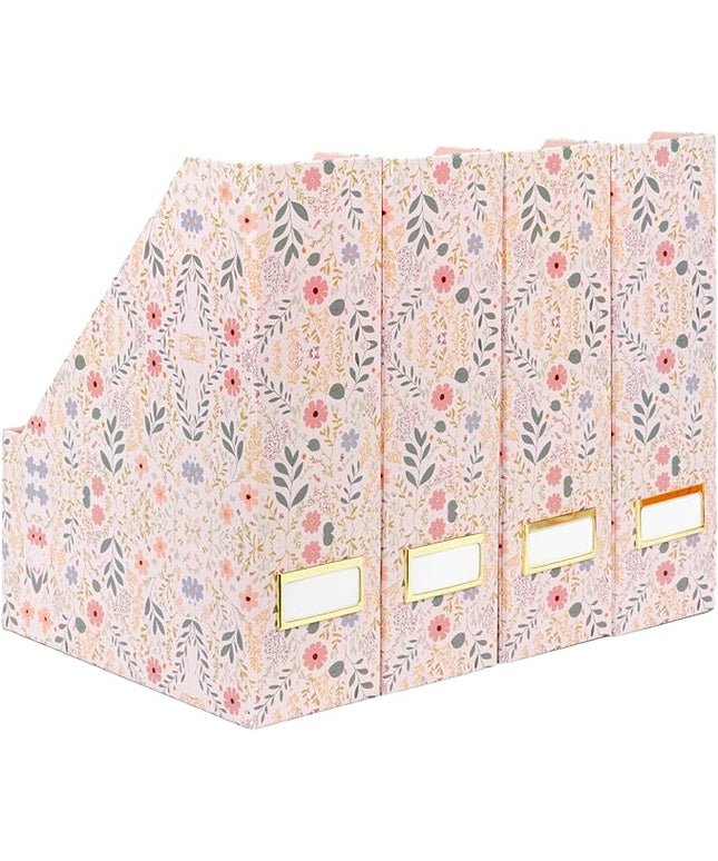 BLU MONACO Foldable Magazine File Set of 4 with Floral Boho Design – Decorative Cardboard Magazine Organizer for Home, Office & Dorm Room – Artistic Magazine Storage Solution
