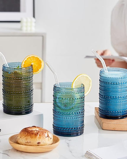 Vintage Hobnail Drinking Glasses Set of 12, 15oz Textured Tumblers - Embossed Blue Bar Glasses for Cocktails, Beer, Whiskey, Dishwasher-Safe Highball Cups for Kitchen, Juice & Mixed Drinks