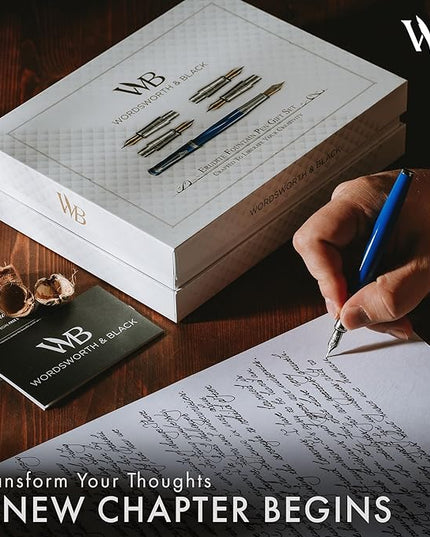 Wordsworth & Black Fountain Pen Gift Set, Includes Bottle, 6 Cartridges, Refill Converter, 4 Replacement Nibs, Premium Package, Journaling, Calligraphy, Smooth Writing Pens [Blue Chrome]