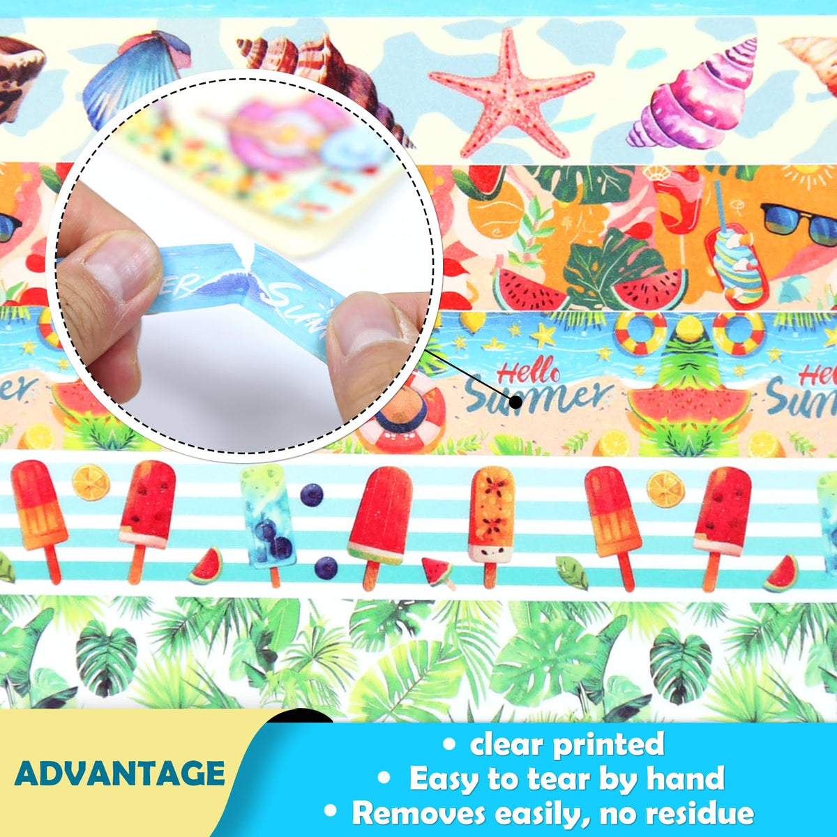 NIKOMIE Summer Washi Tape Set,12 Rolls Hawaii Beach Holiday Decorative Tape Flamingo Tropical Leaves Coconut Watermelon Pineapple Masking Tape for Journaling Supplies, Gift Wrapping, DIY Art&Crafts