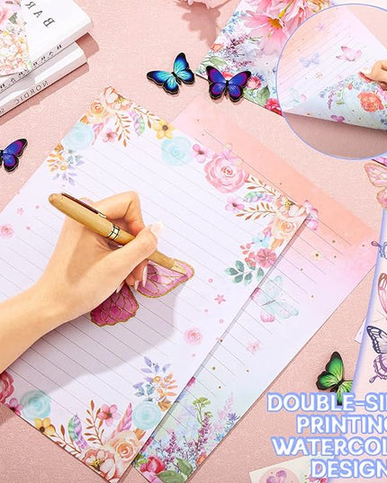 TaoBary 160 Pcs Stationery Paper Set 50 Double Sided Stationery Papers with 50 Matching Envelopes and 60 Round Dot Sticker, 10 Design(Watercolor Butterfly,8.5 x 11 Inch)