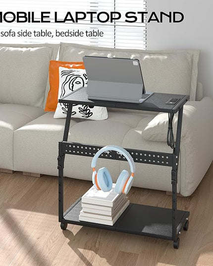 24In Large PC Stand, 5 Levels Height Adjustable Computer Tower Stand with Charging Station, Wheels and Hooks, CPU Holder Cart for Floor, Carpet and Under Desk, Easy Assembly（with Power Strips）