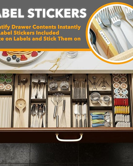 SpaceAid Bamboo Drawer Dividers with Inserts and Labels, Kitchen Adjustable Drawer Organizers, Expandable Organization for Home, Office, Dressers, 7 Dividers with 15 Inserts (17"-22" Black)