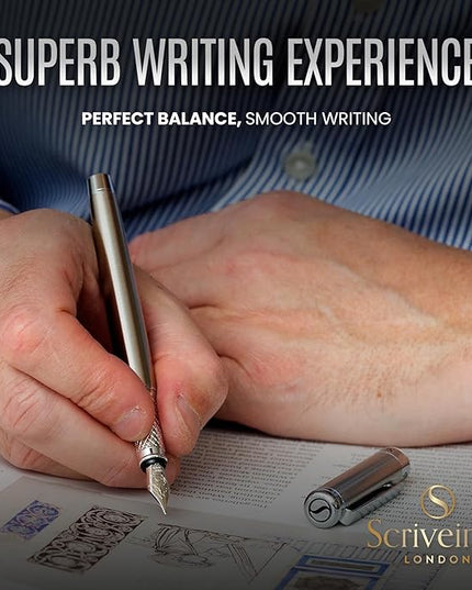 Scriveiner Stainless Steel Fountain Pen - Stunning Luxury Pen with Steel Finish, Schmidt Steel Nib (Fine), Best Pen Gift Set for Men & Women, Professional, Executive Office, Nice Designer Pens