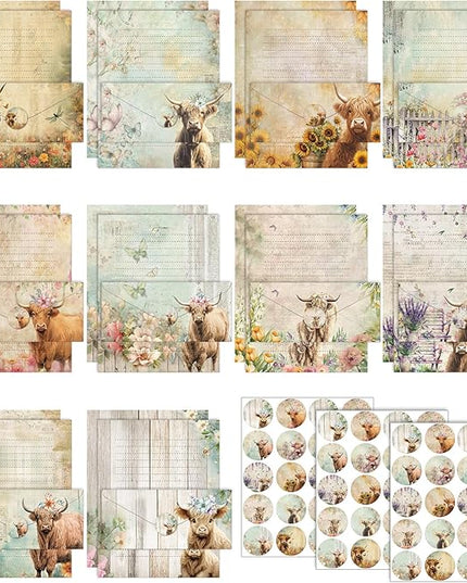 TaoBary 160 Pcs Stationery Paper Set 50 Double Sided Stationery Papers with 50 Matching Envelopes and 60 Round Dot Sticker, 10 Design(Floral Highland Cow,8.5 x 11 Inch)