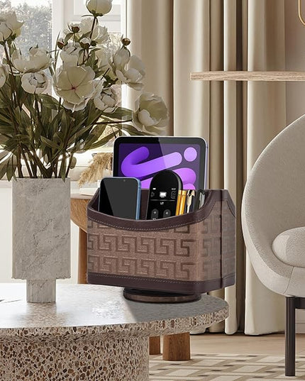 RHCSZ Leather Remote Control Holder 360°Rotatable,Bedside Nightstand Phone Caddy,Office Supplies Storage Box,Desk Organizer for TV Remote Controllers,CD,Pen,Mail,Media Player,Tablets(Coffee Gold)