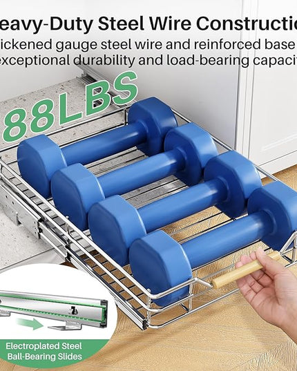 Pull out Cabinet Organizer, 12"W X 21"D, Heavy Duty Smooth Sliding Under Cabinet Shelves for Pots and Pans, Full-Extension Roll out Drawers, Slide out Organization for Home Kitchen Pantry