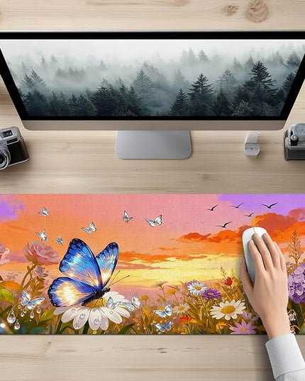 XL Mouse Pad Gaming Mousepad 31.5 x 11.8 Inch Large Keyboard Desktop Mat Diatomite XL Mouse Pad for Home and Office Desk Accessories with Sunset Garden Butterfly Artwork