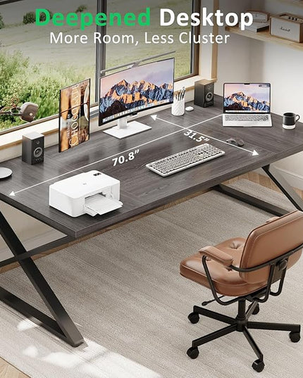 IBF 70 Inch Large Desk, Long Computer Desk for Writing Study, Industrial Home Office Work Executive Desk for Bedroom, Wood Metal Pc Gaming Workstation Computer Table for 2 Monitors, Dark Gray Oak