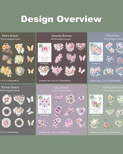AuriicLeaf Floral PET Sticker Set, 60PCS Transparent Butterfly, Lace, and Flower Stickers for Scrapbooking, Journaling, Planners and DIY Crafts