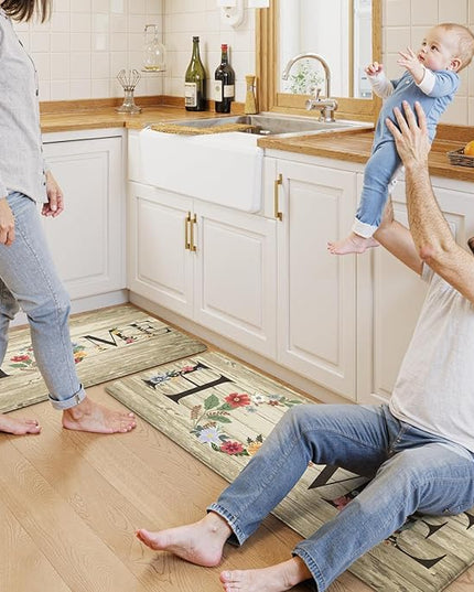 KIMODE Anti Fatigue Kitchen Mats for Floor 2 Piece,Farmhouse Floral Rugs Cushioned,Comfort Memory Foam Carpet Non Slip for Sink Laundry Office Bathroom,Beige 17"x47"+17"x29"