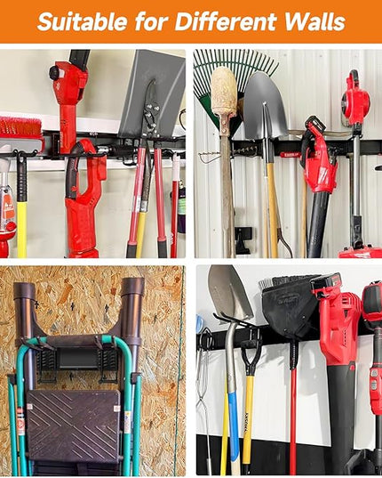 Garden Tool Organizer Wall Mount, Heavy Duty 48 Inches Garage Organization and Storage Racks for Yard Tools with 6 Hooks, Tool Hangers Holders for Hanging Folding Chair, Rake and Shovel