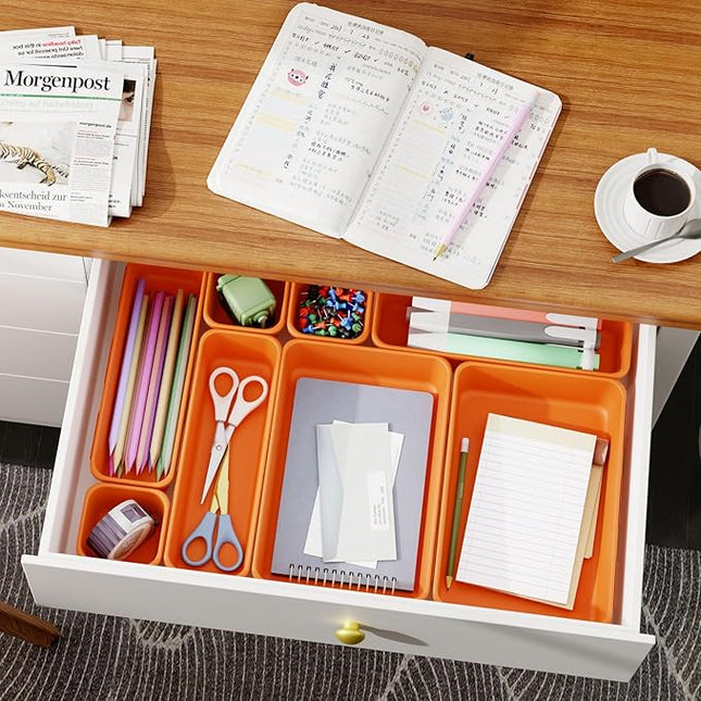 45 Pack Desk Drawer Organizer Tray, 3 Sizes Plastic Drawers Organizer Storage for Kitchen, Bathroom, Office, Vanity, Makeup, Utensils, Junk Drawer Organizer Bins, Gadget Trays for Organizing, Orange