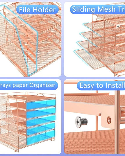 gianotter 6-Tier Paper Organizer With Magazine Holder, Desk Organizers and Accessories, Desk Accessories & Workspace Organizers, File Organizer for Office Supplies Storag (Rose Gold, 6-Tier)