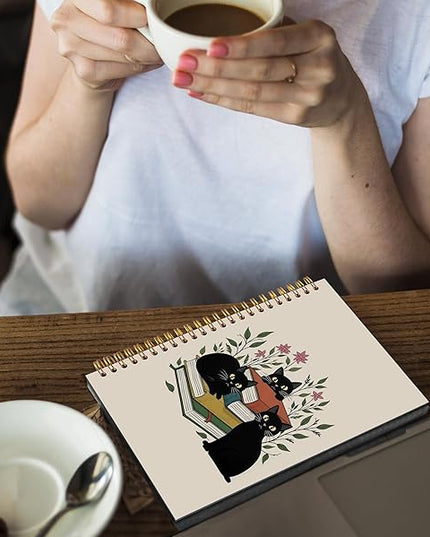 Black Cat Book Lover Spiral Notebook Journal 5.5x8.3, Cat Mom Lady Gifts Journal for Women, Book Lovers Gifts for Bookish Readers, Boho Floral Journaling Notebooks