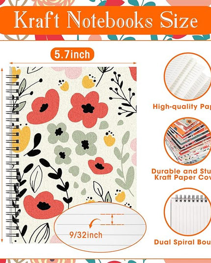 Fuutreo 12 Pcs Spiral Notebook for Work A5 8.3 x 5.7 Inch College Ruled Spiral Journal Notebook Kraft Cover Ruled Paper, 12 Color, 60 Sheets, 120 Pages for Office School(Floral Color)