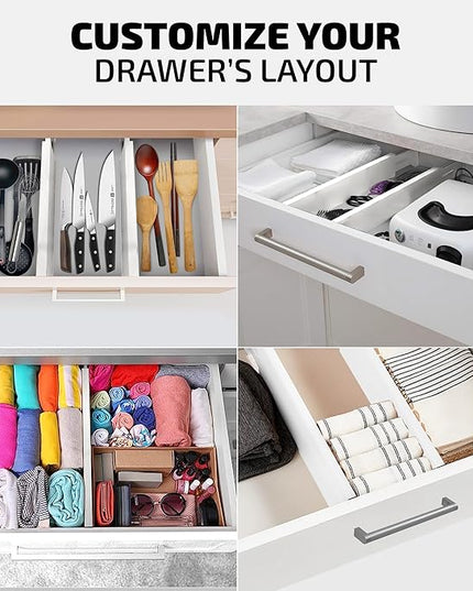 4-Pack Bamboo Drawer Dividers - 2.6" High, 12.5"-17" Adjustable Drawer Organizers for Clothes, Expandable Dresser Separators in Bedroom/Bathroom/Kitchen/Office Organization and Storage (White)