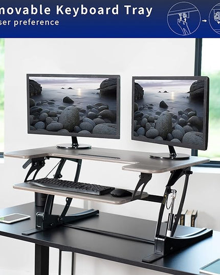 VIVO 36 inch Height Adjustable Stand Up Desk Converter, V Series, Quick Sit to Stand Tabletop Dual Monitor Riser Workstation, Gray Top, Black Frame, DESK-V000VG