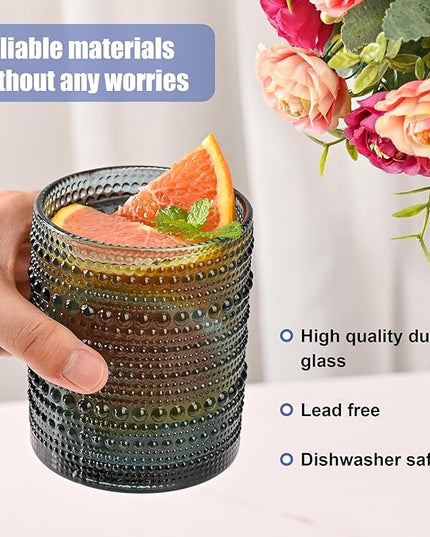 Vintage Glassware Drinking Glasses Set of 6,12 oz Hobnail Glass Cups,Embossed Blue Water Tumbler,for Beer,Cocktail,Whiskey,Juice and Various Mixed Drinks- 1 Cleaning Brush