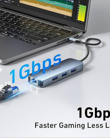 BENFEI USB C HUB 6-in-1 with HDMI(4K@60Hz), Gigabit Ethernet, 100W Power Delivery, 3*USB 3.0, Silicone Cable, Aluminum Case Compatible with iPhone 15 Pro/Max, MacBook, iPad Pro, iMac, S23, XPS17
