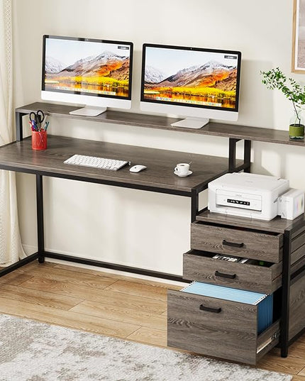 Tribesigns 63 Inch Computer Desk with File Drawer Cabinet, Ergonomic Office Desk with Monitor Stand, Industrial Computer Table with Printer Space, Wood PC Table Workstation Desk for Home Office