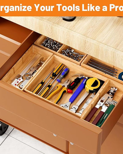 SpaceWhisper Bamboo Drawer Organizer, 5-Piece Drawer Divider with Removable Dividers for Organization and Storage, Multi-Use Stackable Storage Box & Utensil Holder for Kitchen, Office, Makeup & More