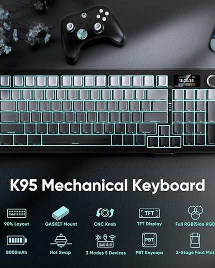 RedThunder K95 Wireless Mechanical Keyboard,TFT Screen & Knob, Trip-Modes Connection, Gasket Custom Hot-Swap Keyboard, RGB Backlit, Pre-lubed Linear Switches, Side Printed PBT Keycaps, Gray Gradient