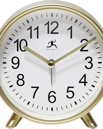 Infinity Instruments Tabletop Alarm Clock Decorative Cute 5.75 inch Face Modern Round Analog Easy-to-Read Matte Gold Small