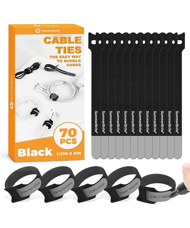 70 Pack Black Cable Ties 8 Inch with Writable Labels, Reusable Cord Organizer Straps, Hook & Loop Wire Management for Extension Cords, Garage Tools, Power Strips & Heavy Duty