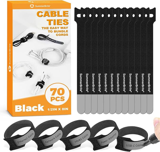 70 Pack Black Cable Ties 8 Inch with Writable Labels, Reusable Cord Organizer Straps, Hook & Loop Wire Management for Extension Cords, Garage Tools, Power Strips & Heavy Duty