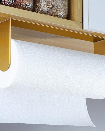 YIGII Adhesive Paper Towel Holder Under Cabinet - Single Hand Operable Paper Towel Rack Stick on Counter for Kitchen, SUS-304 Stainless Steel (Brushed Gold)